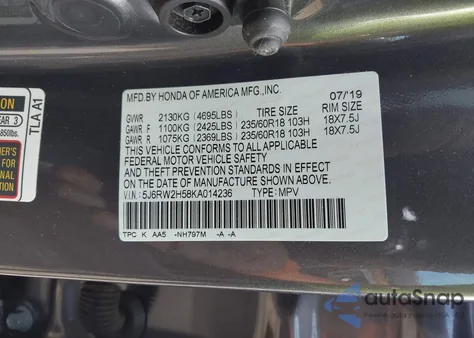 2019 Honda Cr-V Ex from USA, damaged, VIN 5J6RW2H58KA014236